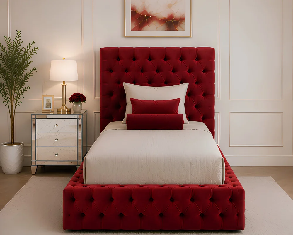 Luxury Burgundy Red Single Bed with mattress – Elegant Button Tufted Bed Frame