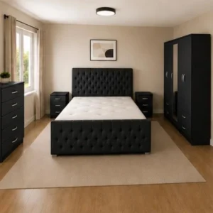 Complete King Size Bed Furniture Package - Five Door Wardrobe With One Mirror And Four Bottom Drawers - Chest of Five Drawers With Two Bed Side Table