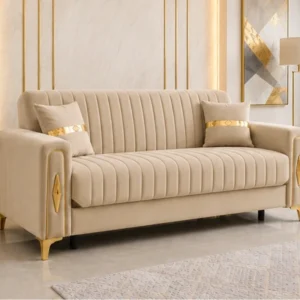 Luxury Turkish Sofa bed – Beige Fluted 3 Seater Sofa bed with Gold Accents