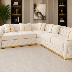 Luxury Off White L-Shaped Chesterfield Corner Sofa with Gold Accents