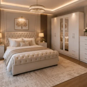 Premium Wooden king size Bed Set - Six Door Wardrobe With Four Drawer - Chest of Five Drawers With Two Bed Side Table