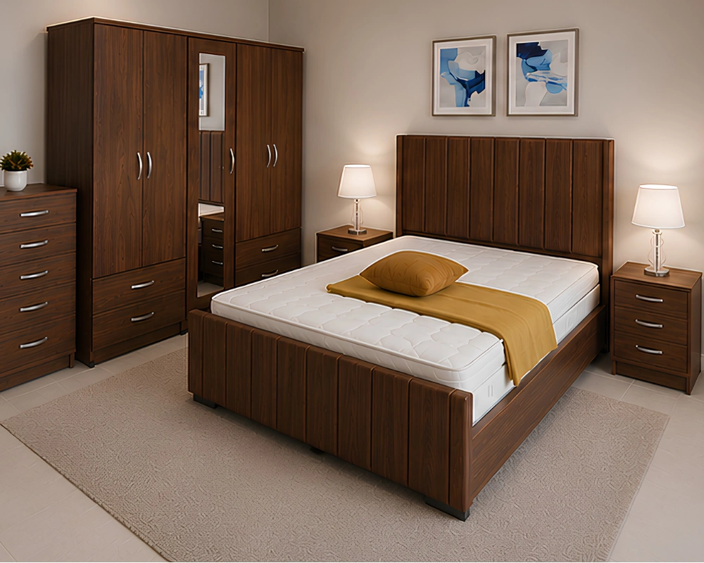 Modern King Size Bedroom Set - with Five Door Wardrobe With Four Drawer - Chest of Five Drawers With Two Bed Side Table - Image 4