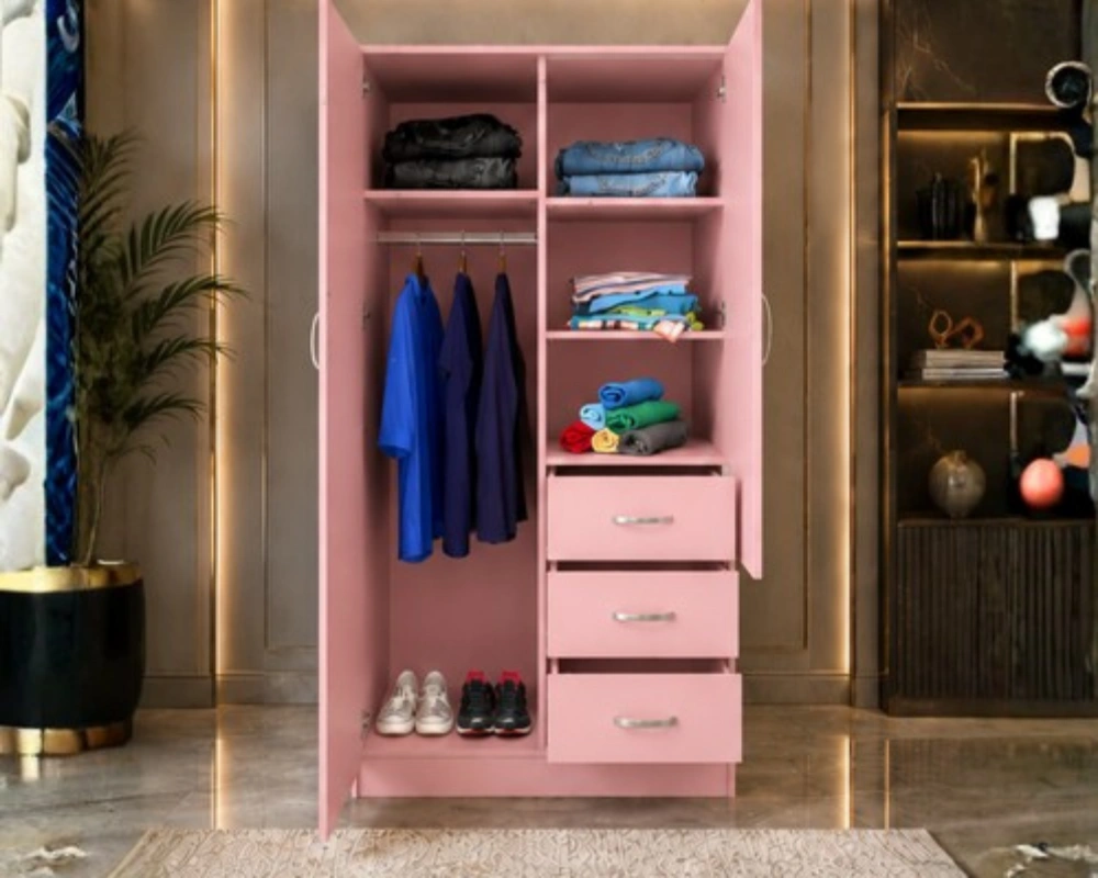 Pink 2 Door Wardrobe with Mirror & 3 Drawers - Modern Wooden Bedroom Storage - Image 3