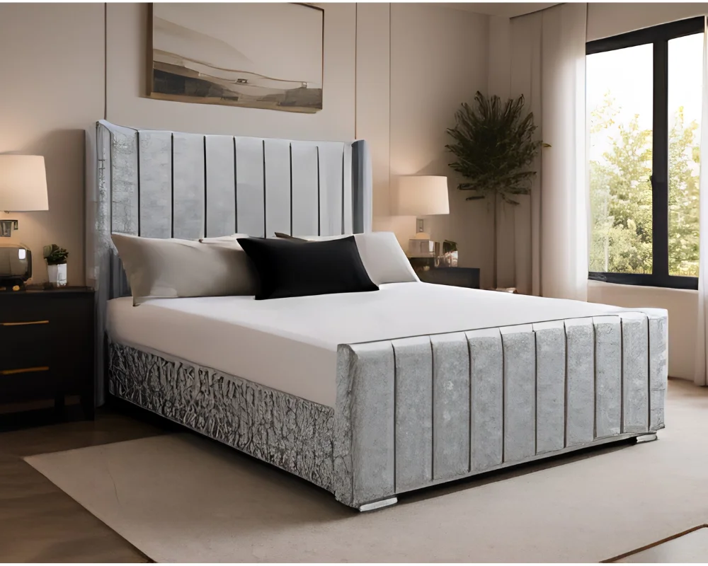 Grey Double Size Bed – Panel Wingback Bed Frame With Mattress – Double Size Bed160 x 200 cm - Image 2