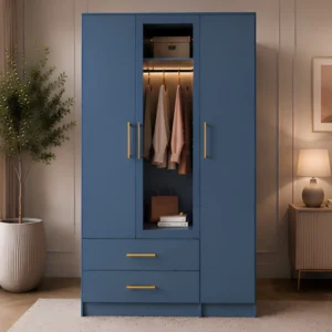 Blue Wooden 3 Door Wardrobe with Full Length Mirror - Double Drawer Storage Closet