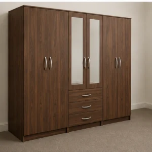 6 Door Wooden Wardrobe with 3 Drawers & Double Mirrors – Bedroom Storage Cabinet