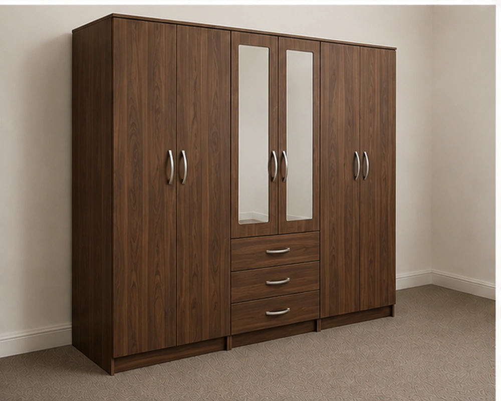 6 Door Wooden Wardrobe with 3 Drawers & Double Mirrors – Bedroom Storage Cabinet