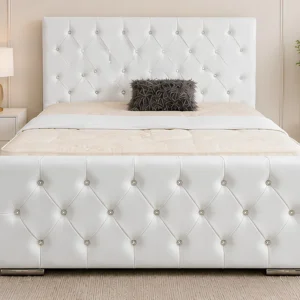 Elegant Ivory White Velvet Double Bed – Plush Tufted Headboard & Matching Footboard-Double Bed with Mattress