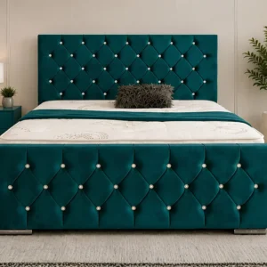 Modern Teal Upholstered Bed Frame – Luxury Diamond Quilted Double bed with mattress