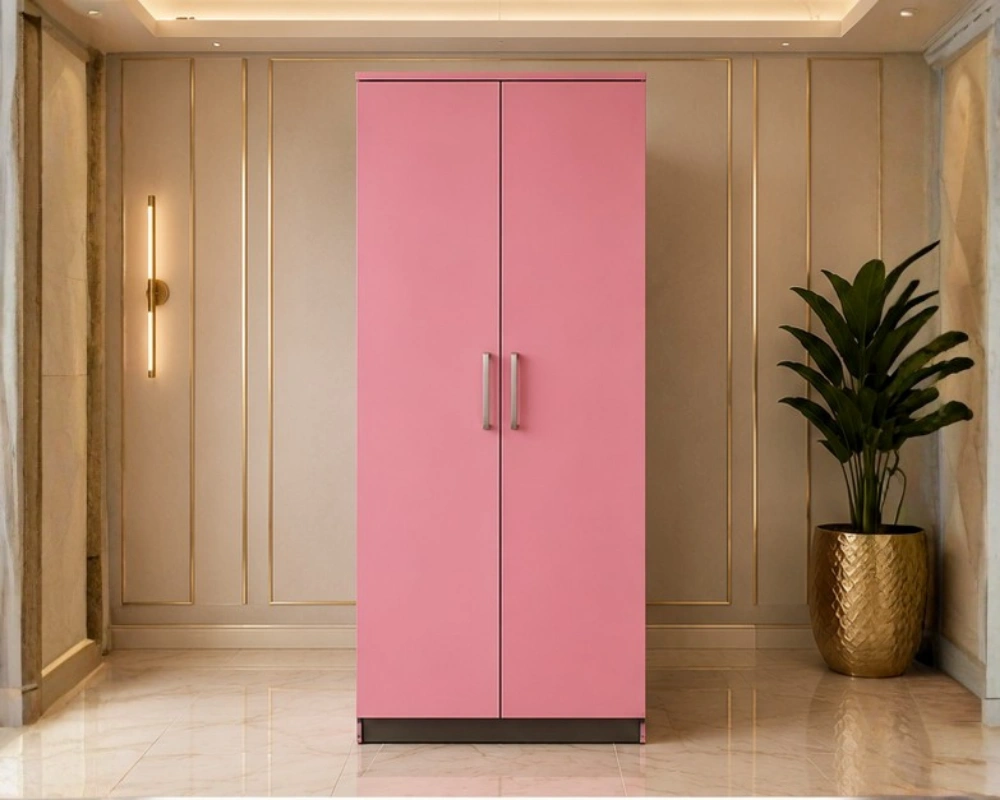 Pink 2 Door Wooden Wardrobe - Modern Bedroom Storage Cabinet