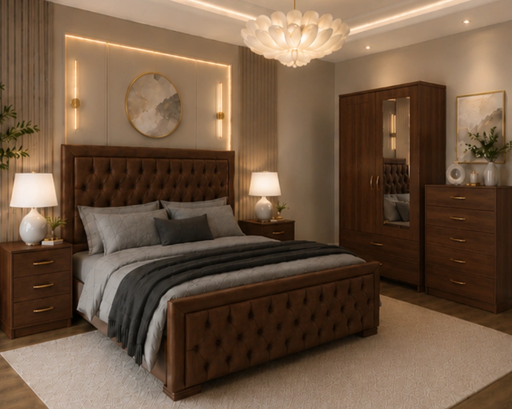 Classic King Size Bed Furniture Set - Two Door Wardrobe With One Mirror - Chest of Five Drawers With Two Bed Side Table - Image 3