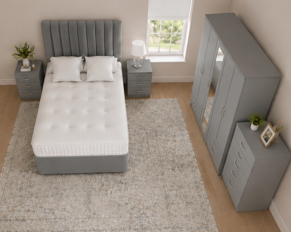 Modern Luxury Double Bed Set – Five Door Wardrobe Featuring Full Length Mirror, Four Bottom Drawers, Chest of Five Drawers & 2 Bed Side Tables - Image 3