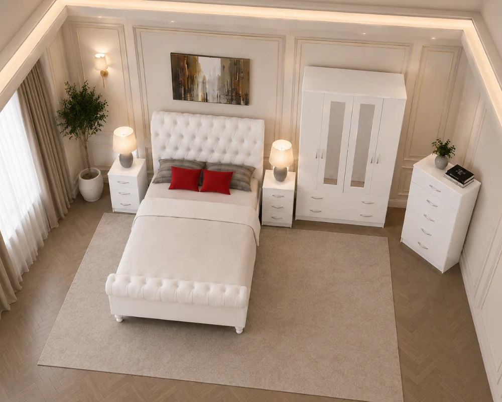 Complete Bedroom Collection With Double Bed - four Door Wardrobe With Four Drawer - Chest of Five Drawers With Two Bed Side Table - Image 2