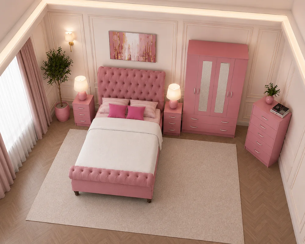 Bedroom Set With Double Bed - four Door Wardrobe With Four Drawer - Chest of Five Drawers With Two Bed Side Table - Image 2