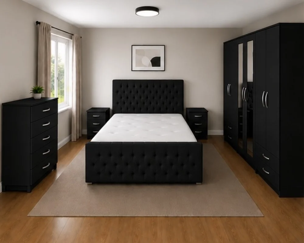 Complete Bedroom Collection With Double Bed - six Door Wardrobe With Four Drawer - Chest of Five Drawers With Two Bed Side Table - Image 2