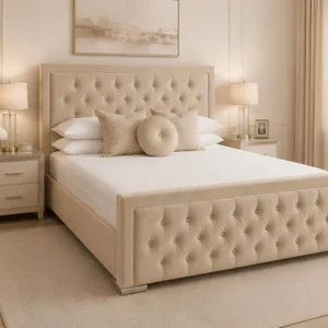 Elegant Beige Hilton King Size Bed with mattress – Premium Upholstered 5ft Bed Frame with Mattress