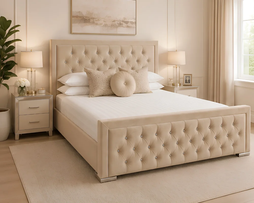 Elegant Beige Hilton King Size Bed with mattress – Premium Upholstered 5ft Bed Frame with Mattress