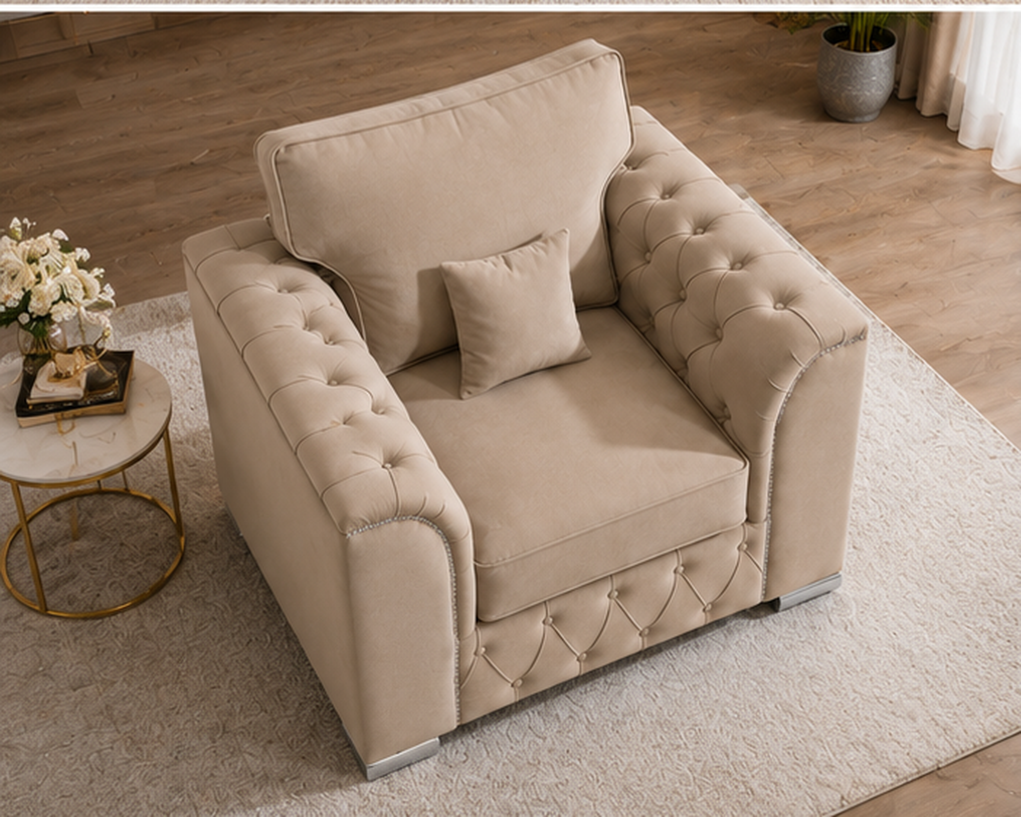 Elegant Button-Tufted Armchair with Soft Cushion Premium Beige Lounge Chair with Classic Detailing