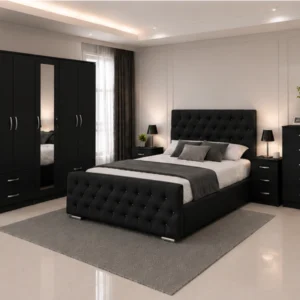 Classic Double Bed With Five Door Wardrobe With One Mirror - Chest of Five Drawers With Two Bed Side Table