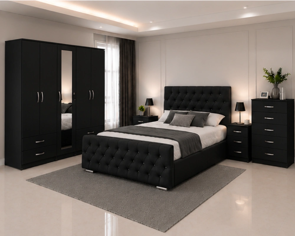 Classic Double Bed With Five Door Wardrobe With One Mirror - Chest of Five Drawers With Two Bed Side Table