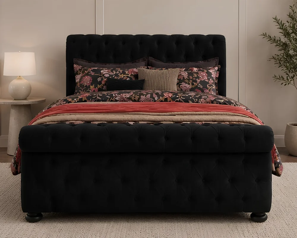 Black Velvet Sleigh King Size Bed - 180 × 200 cm Upholstered Bed with mattress - Image 2