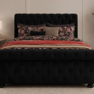 Handcrafted Black Super King Sleigh Bed - Premium Velvet Bed with mattress