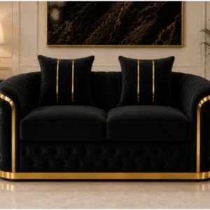 Madrid Black 2 Seater Sofa – Luxury Velvet Chesterfield Sofa with Gold Accents | UK