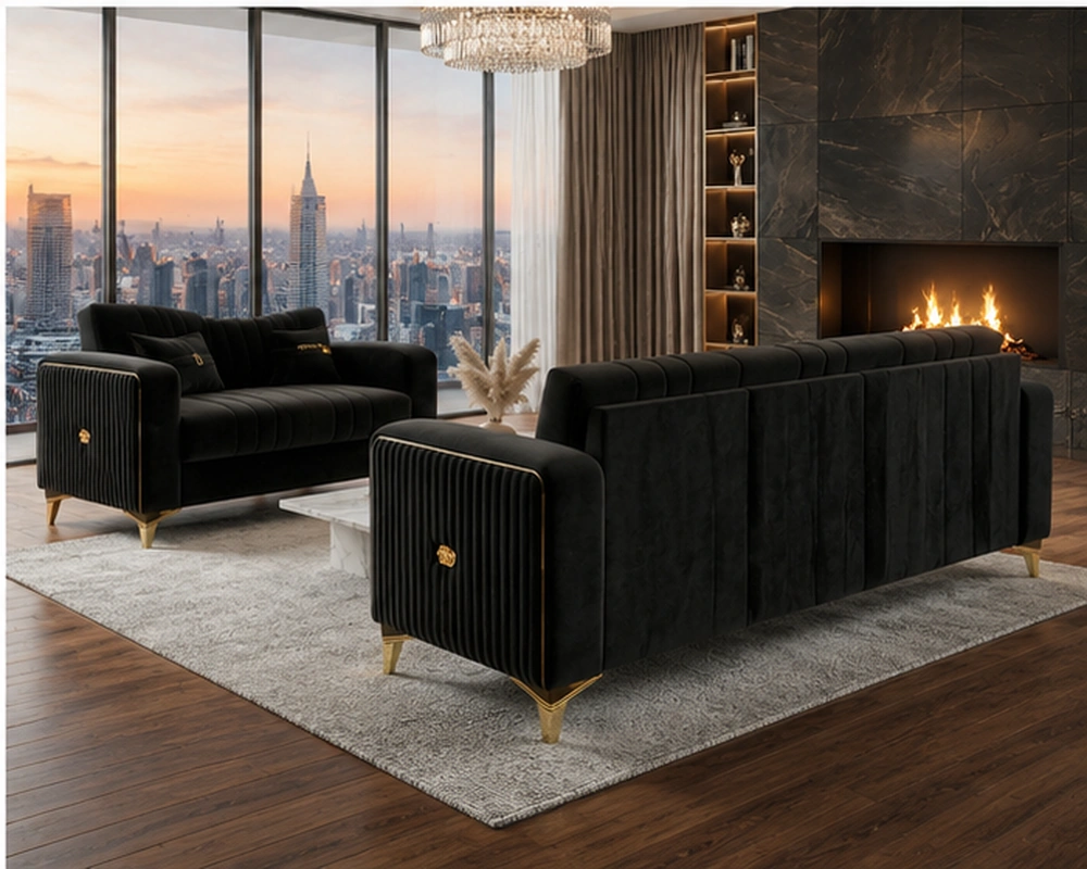 Luxury Black Velvet Sofa Set – Modern Gold Accent Sofa - Premium Plush Velvet Upholstery - Image 2