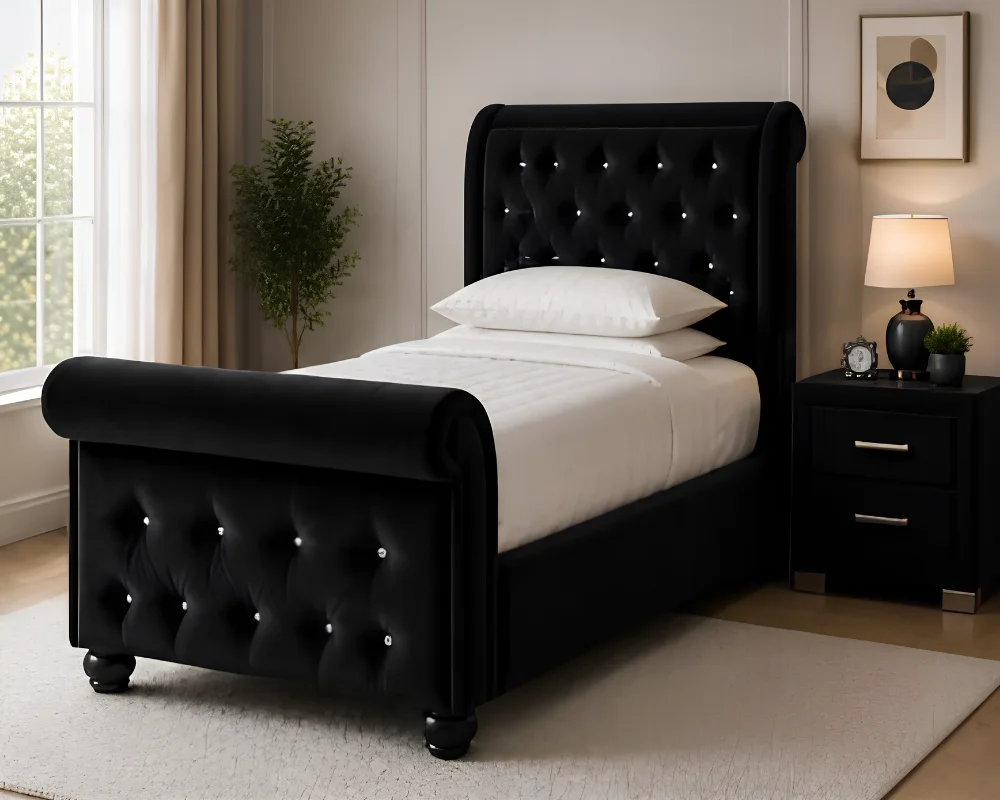 Modern Black Sleigh Bed 3ft – Elegant Upholstered Single Bed with mattress - Image 2