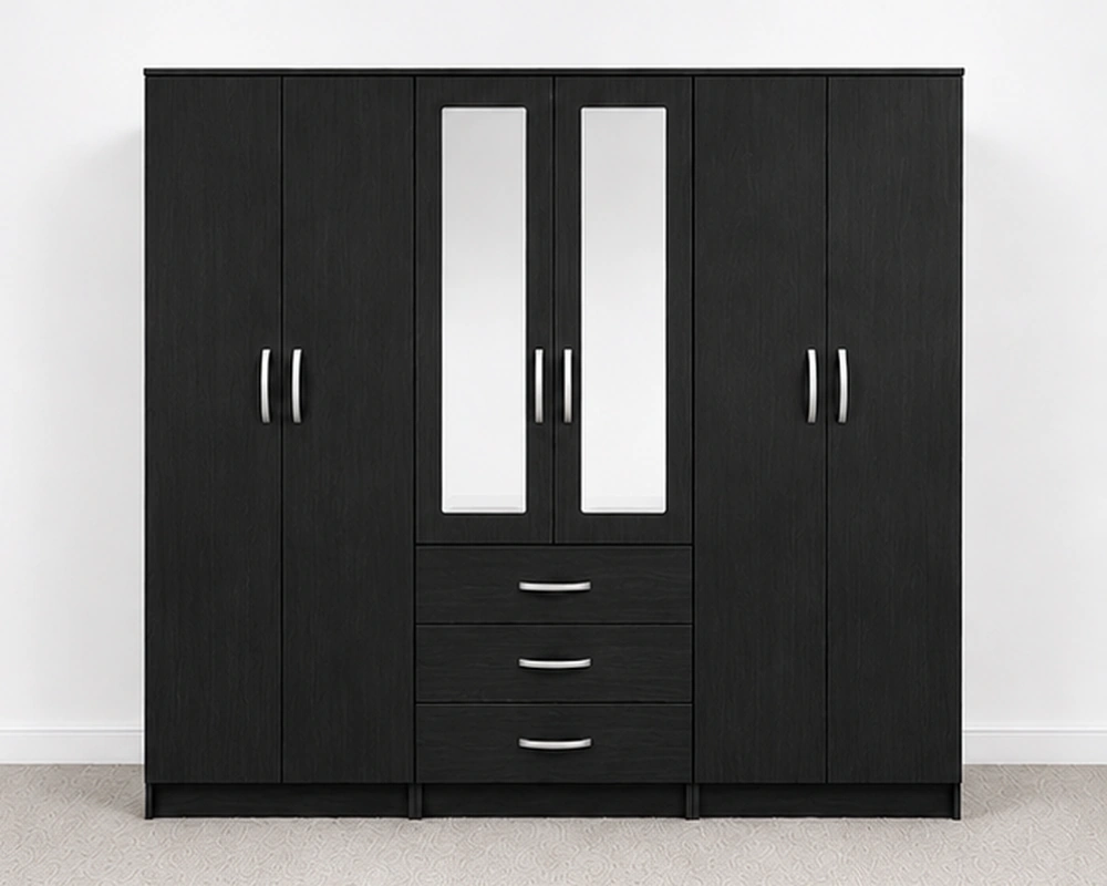 6 Door Black Wardrobe with 3 Drawers & Double Mirrors – Modern Bedroom Storage Cabinet - Image 2