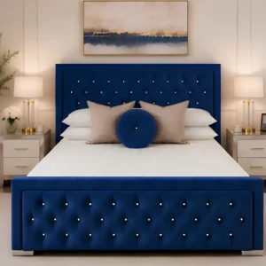 Navy Blue Hilton Double Bed with mattress – Sophisticated Padded Upholstery with 160×200 cm Mattress