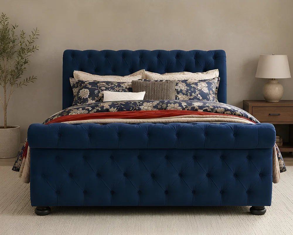 Classic Blue Chesterfield Emperor Bed - Luxury Sleigh Design with mattress