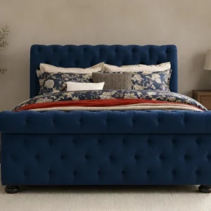 Designer Blue Upholstered Sleigh Double Bed - Premium Bed Frame with mattress
