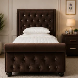 Contemporary Brown Sleigh Bed – Premium Upholstered Single Bed Frame with mattress