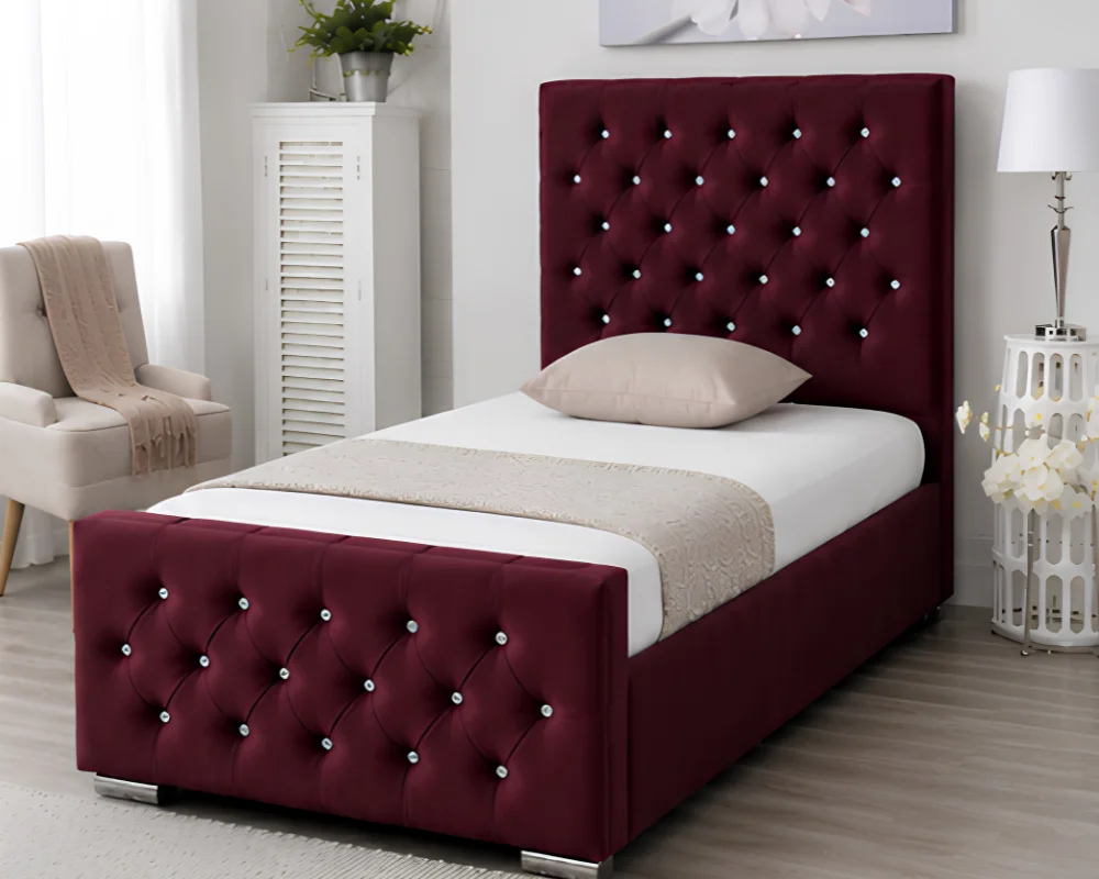 Contemporary Burgundy Velvet Florida Single Bed with mattress -90 × 190 cm Bed - Image 2