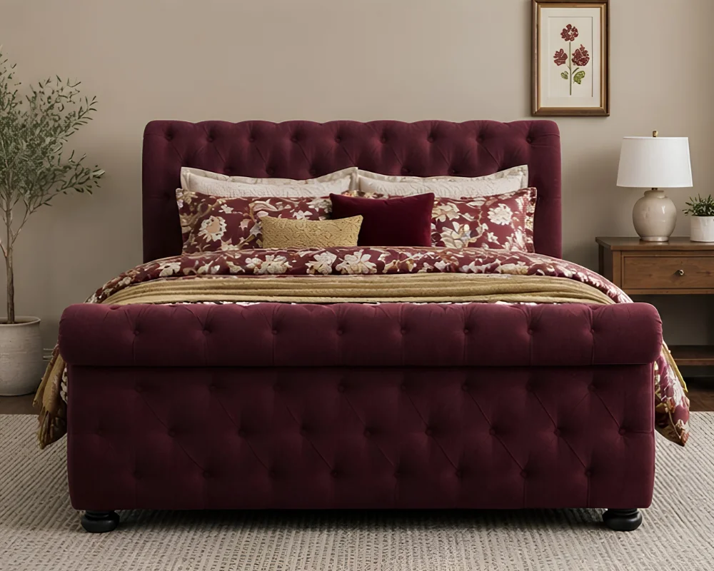 Luxury Burgundy King Size Sleigh Bed (5ft) – Button Tufted Bed Frame with mattress - Image 2