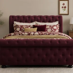 Modern Burgundy Sleigh Bed Frame 4ft6 - Luxury Double Bed - Double Bed with Mattress
