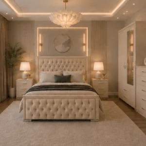 King Size Bed Furniture Set - Two Door Wardrobe With One Mirror - Chest of Five Drawers With Two Bed Side Table