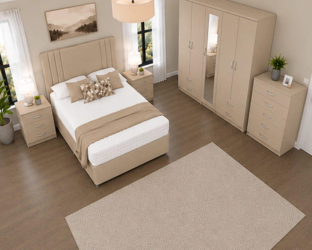 Luxury Double Bed Furniture Set – Five Door Wardrobe with Four Bottom Drawers – Chest of Five Drawers with Two Bedside Tables - Image 2