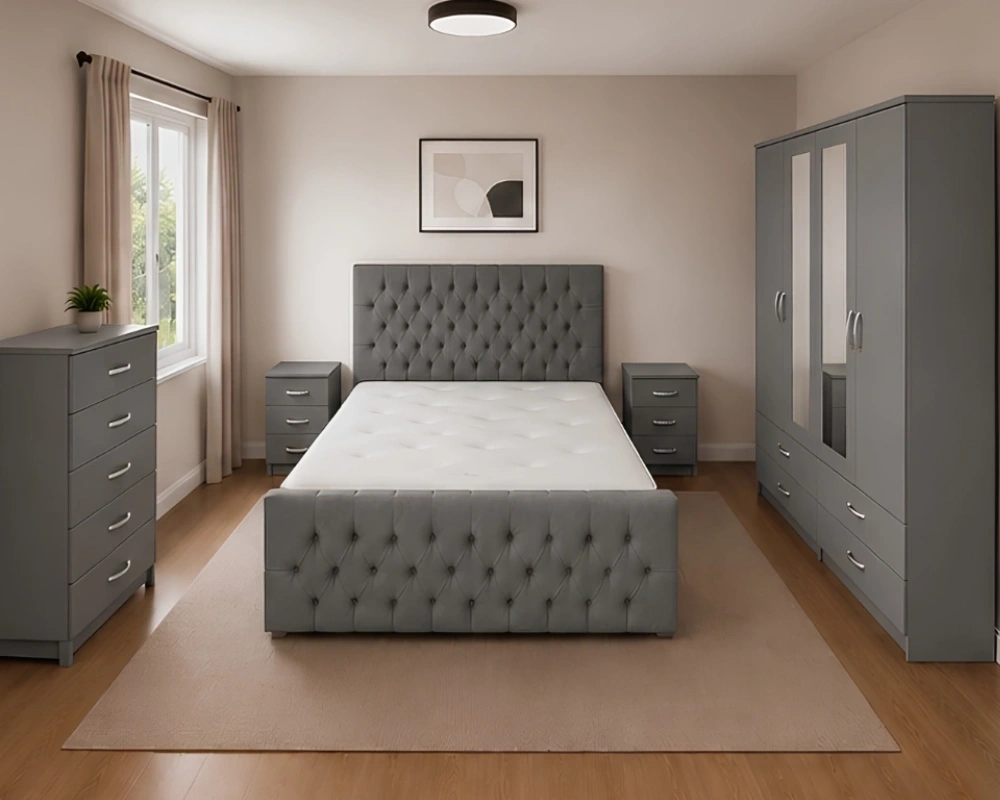 King Size Bed Furniture Set - Four Door Wardrobe With Two Mirrors And Four Bottom Drawers - Chest of Five Drawers With Two Bed Side Tables - Image 4