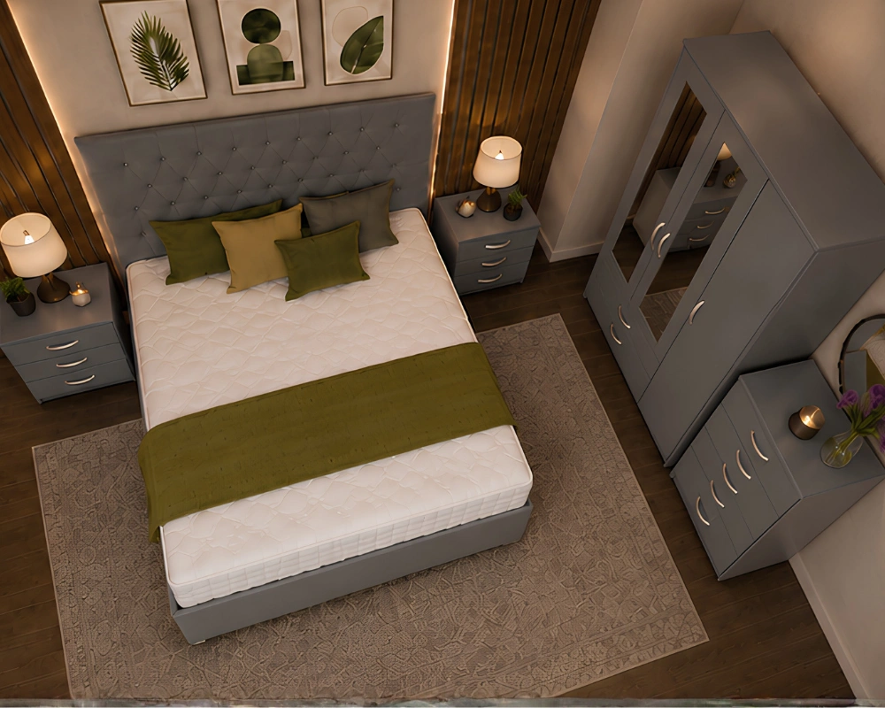 Premium King Size Bed Furniture Set – Three Door Wardrobe Featuring Two Half Mirrors, Two Bottom Drawers & Chest of Five Drawers - Image 3