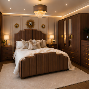 Luxury King Size Bed Furniture Set - five Door Wardrobe With Four Drawer - Chest of Five Drawers With Two Bed Side Table