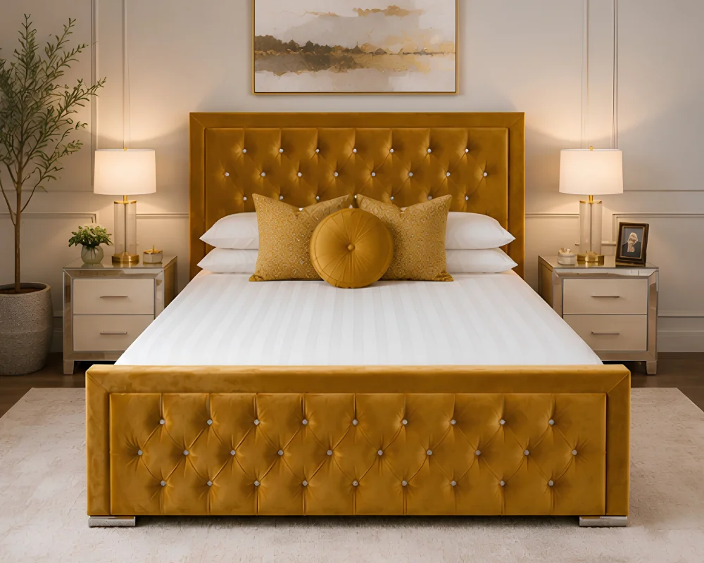 Rich Gold Yellow Hilton Super King Bed with mattress – 6ft | 200 × 200 cm Premium Padded Headboard - Image 2