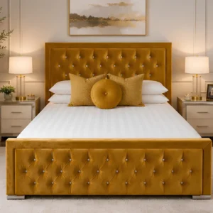 Champagne Gold Hilton Bed Frame with mattress – Premium Padded Double Bed 160×200 cm with Mattress