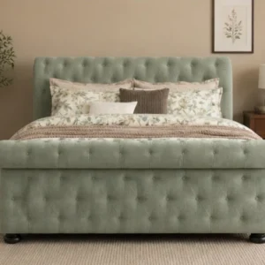Light Green Emperor Bed with mattress 200 × 200 cm - Luxury Velvet Sleigh Bed