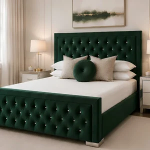 Emerald Green Hilton Super King Bed with Mattress – 6ft | 200 × 200 cm Luxury Upholstered Frame