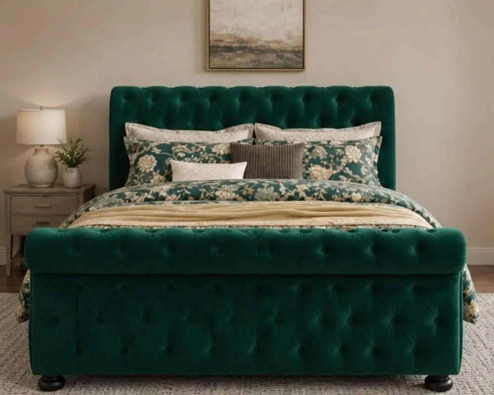 Modern Dark Green Sleigh King Size Bed Frame - Luxury 5ft Bed with mattress - Image 2