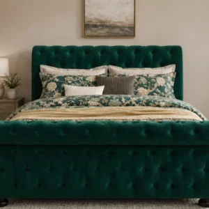 Dark Green Emperor Bed Frame 200 × 200 cm - Luxury Velvet Sleigh Bed with mattress