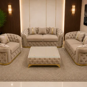 Luxury Greige 3+2+1 Seater Chesterfield Sofa Set with Gold Trim
