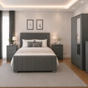 Deluxe King Size Bed Bedroom Suite - Two Door Wardrobe With One Mirror - Chest of Five Drawers With Two Bed Side Table